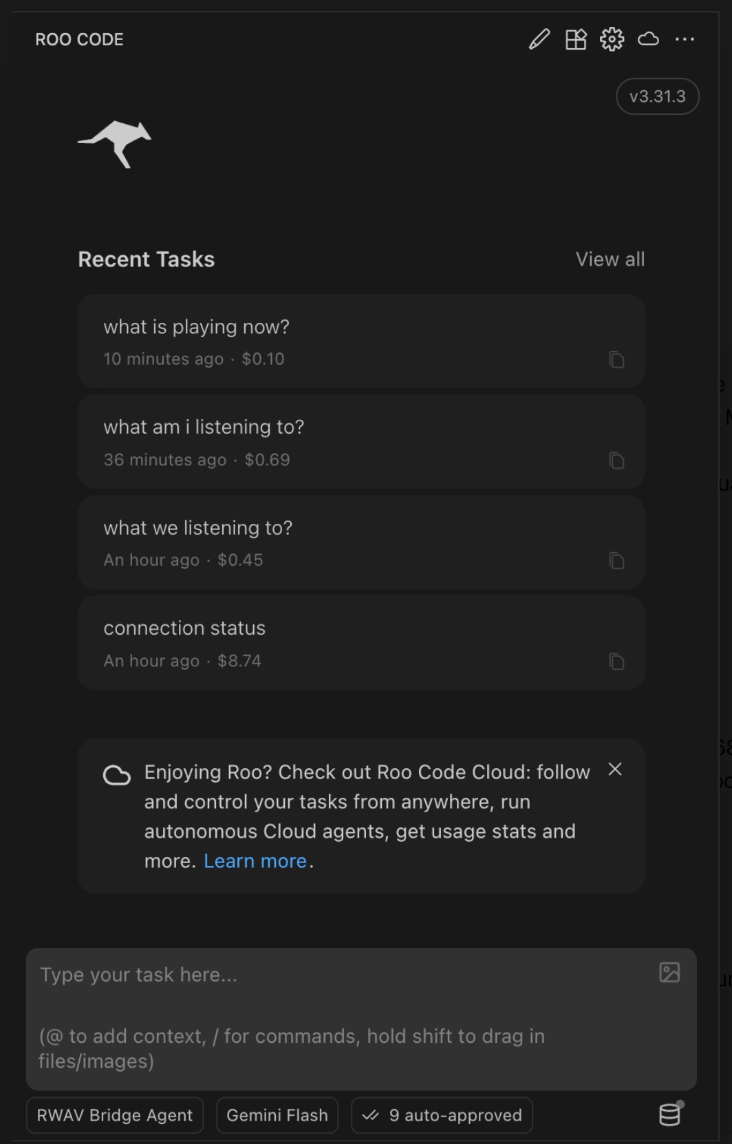 Roo Code bar showing RWAV Bridge Agent + Gemini Flash + MCP