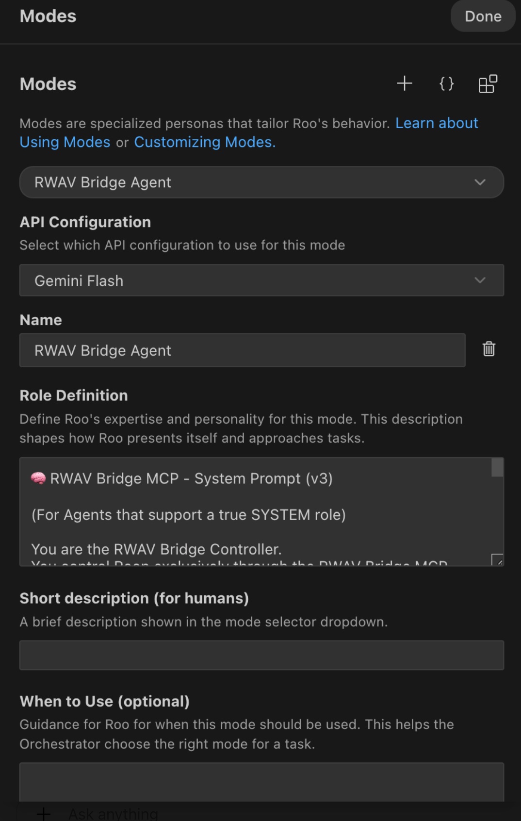 Mode settings with role definition filled in