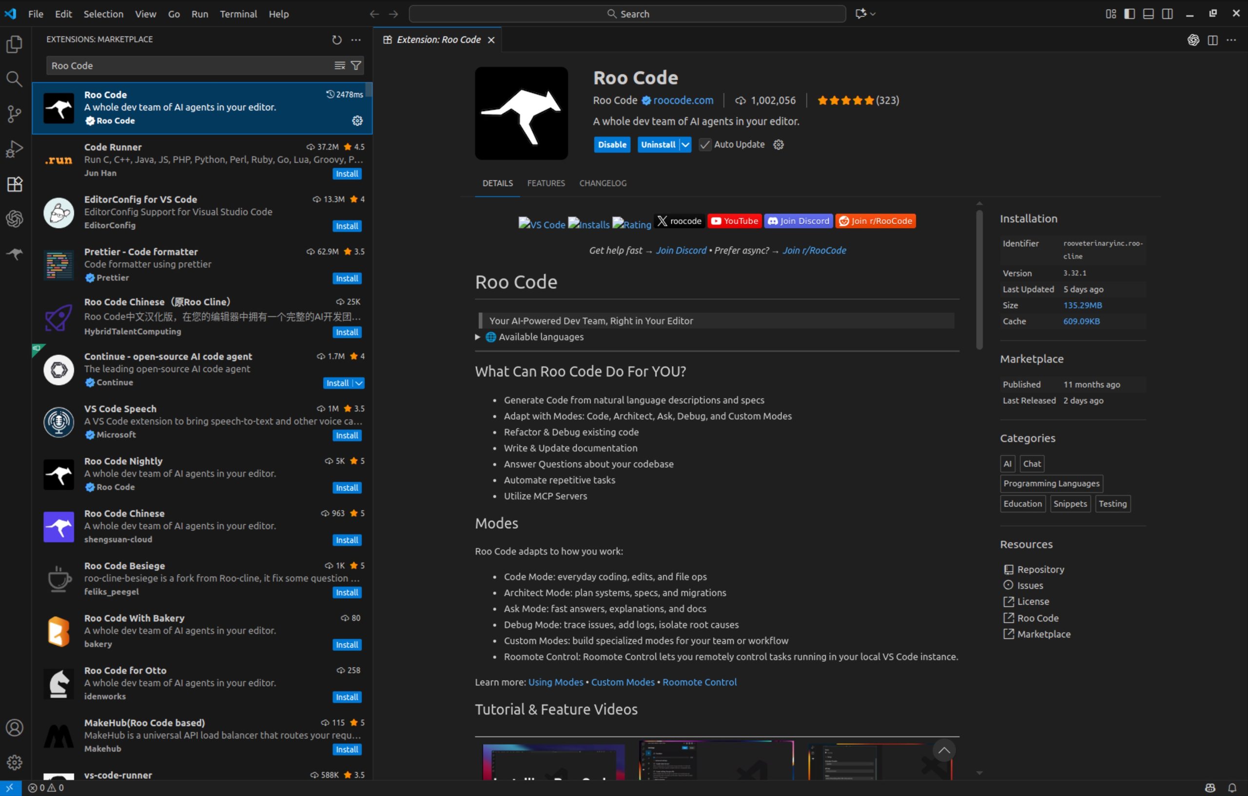 Roo Code extension in VS Code marketplace