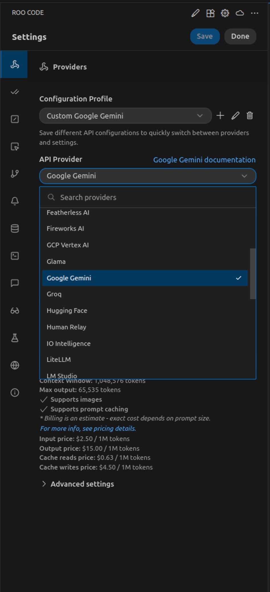 Roo Code Providers settings with Gemini Flash