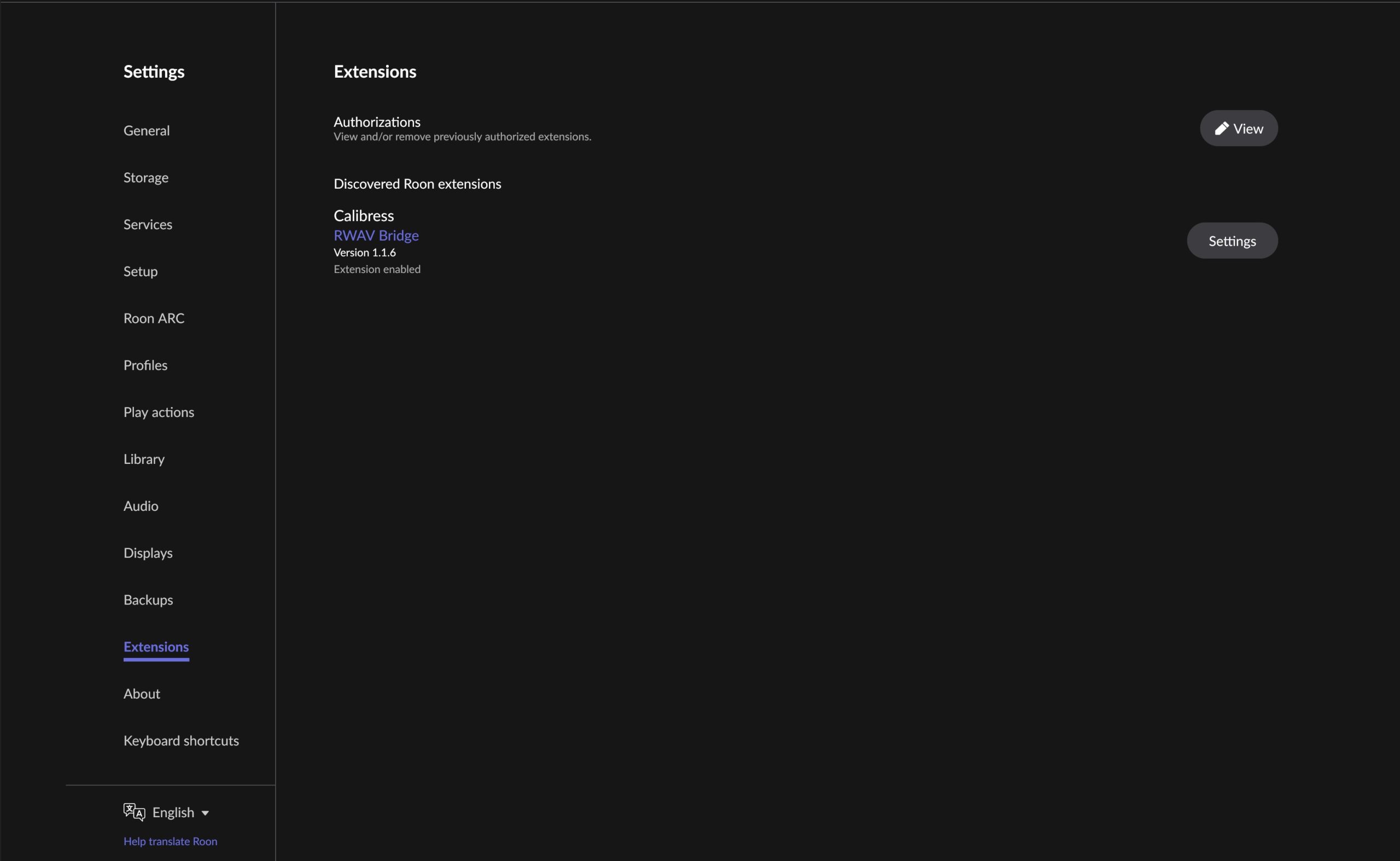 Roon Settings → Extensions with RWAV Bridge enabled